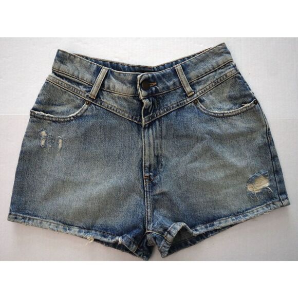 Retrofete Women's Sz 26 Blue Medium Wash Distressed High Waist Denim Shorts - Picture 1 of 5